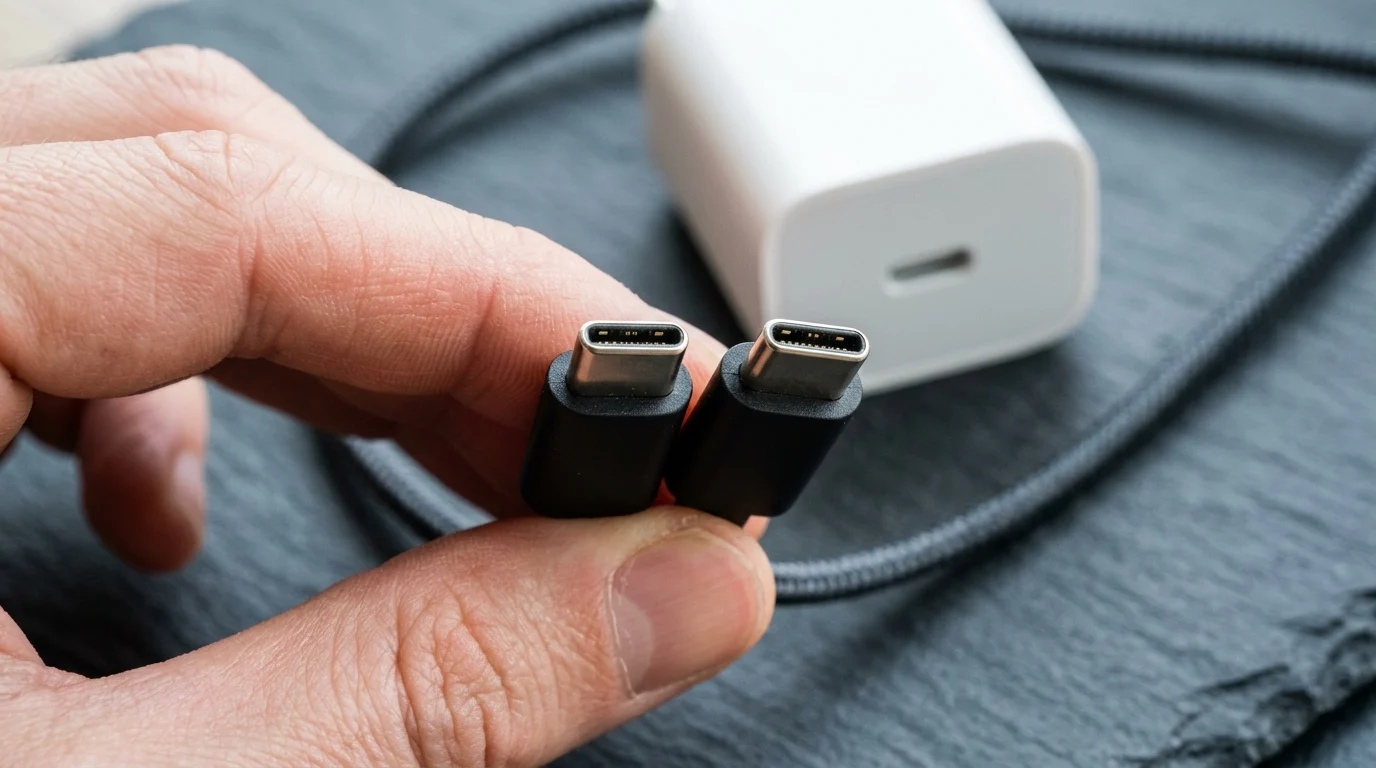 Close-up of USB-C cable plugs held beside a USB-C charger receptacle