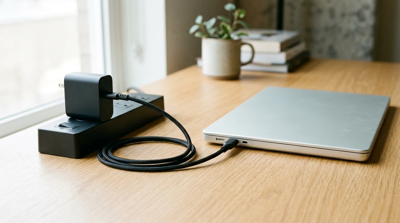 Compact USB-C wall charger connected by a braided USB-C cable to a laptop on a desk