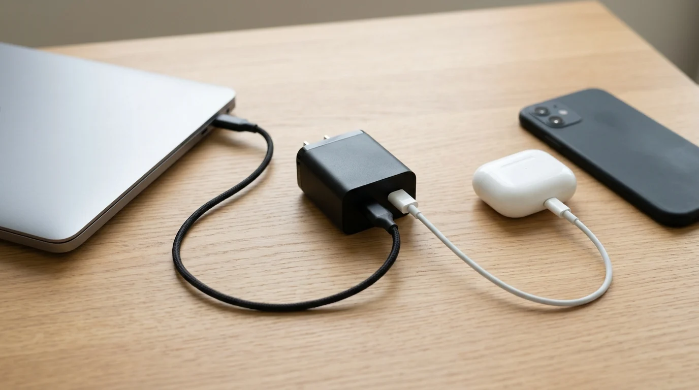 Multi-port USB-C charger with two cables connected to a laptop and a compact accessory