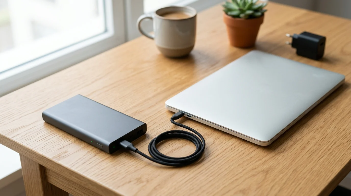 Portable USB-C power bank connected by a USB-C cable to a laptop on a work desk