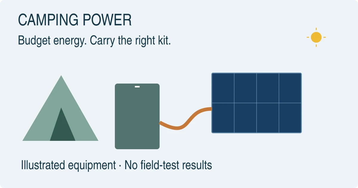Illustrative camping charging plan: budget energy, weigh the complete kit, then assess solar conditions.