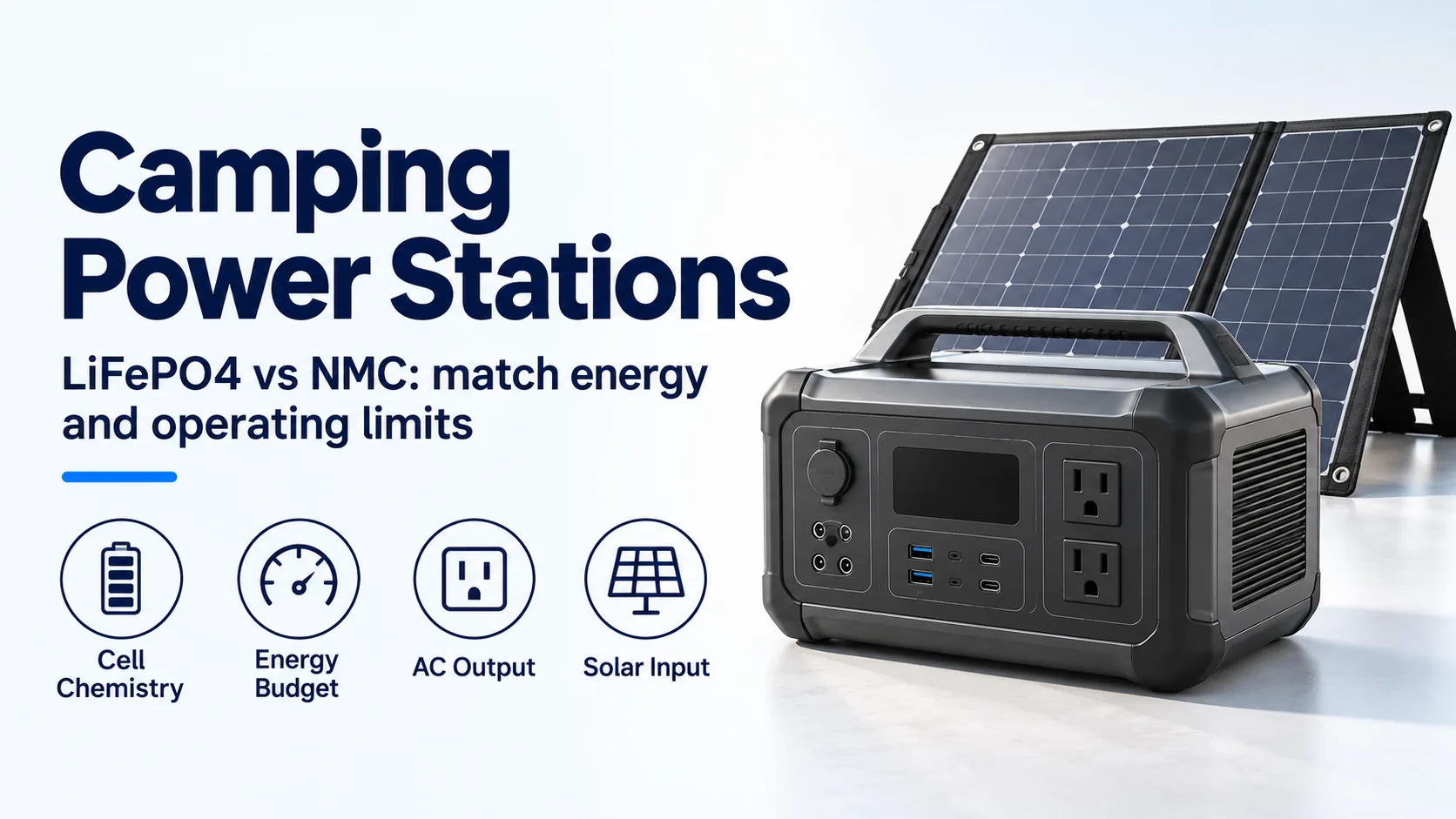 Camping power station banner for cell chemistry, energy budget, AC output and solar input
