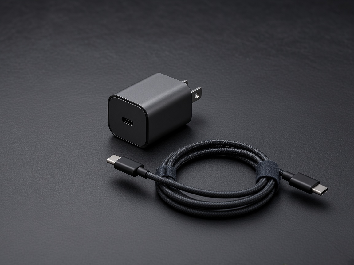Plain dark charger brick and a coiled cable with a plug at each end, on a dark surface.