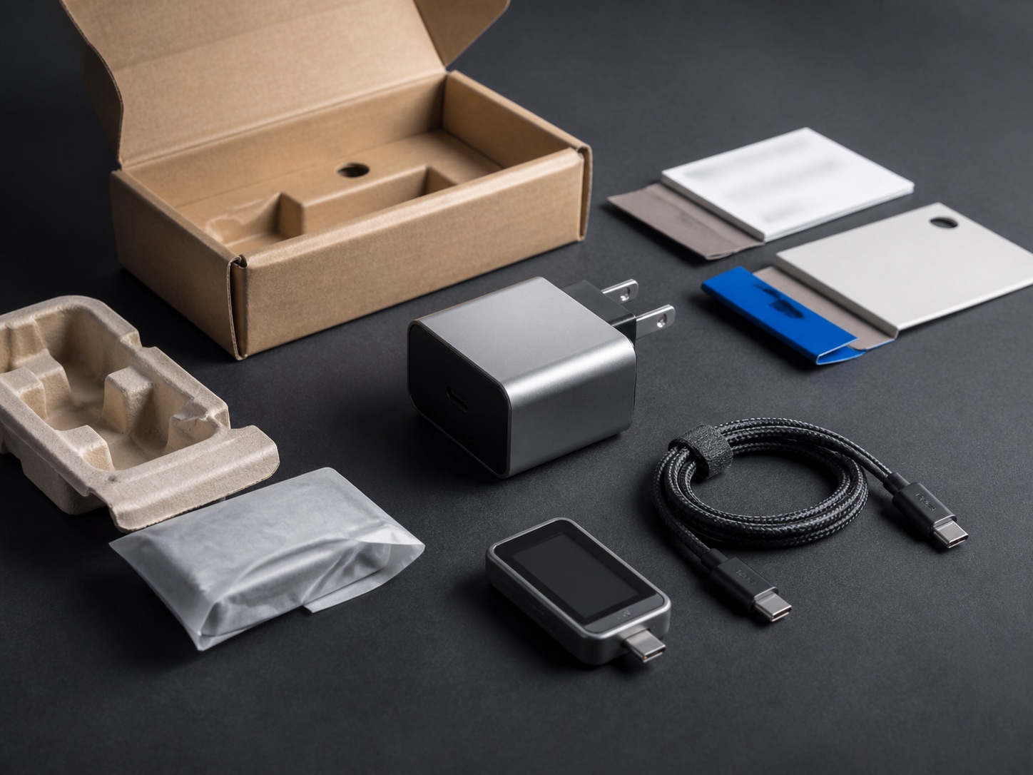 USB-C charger, cable, packaging, and a power meter laid out for inspection