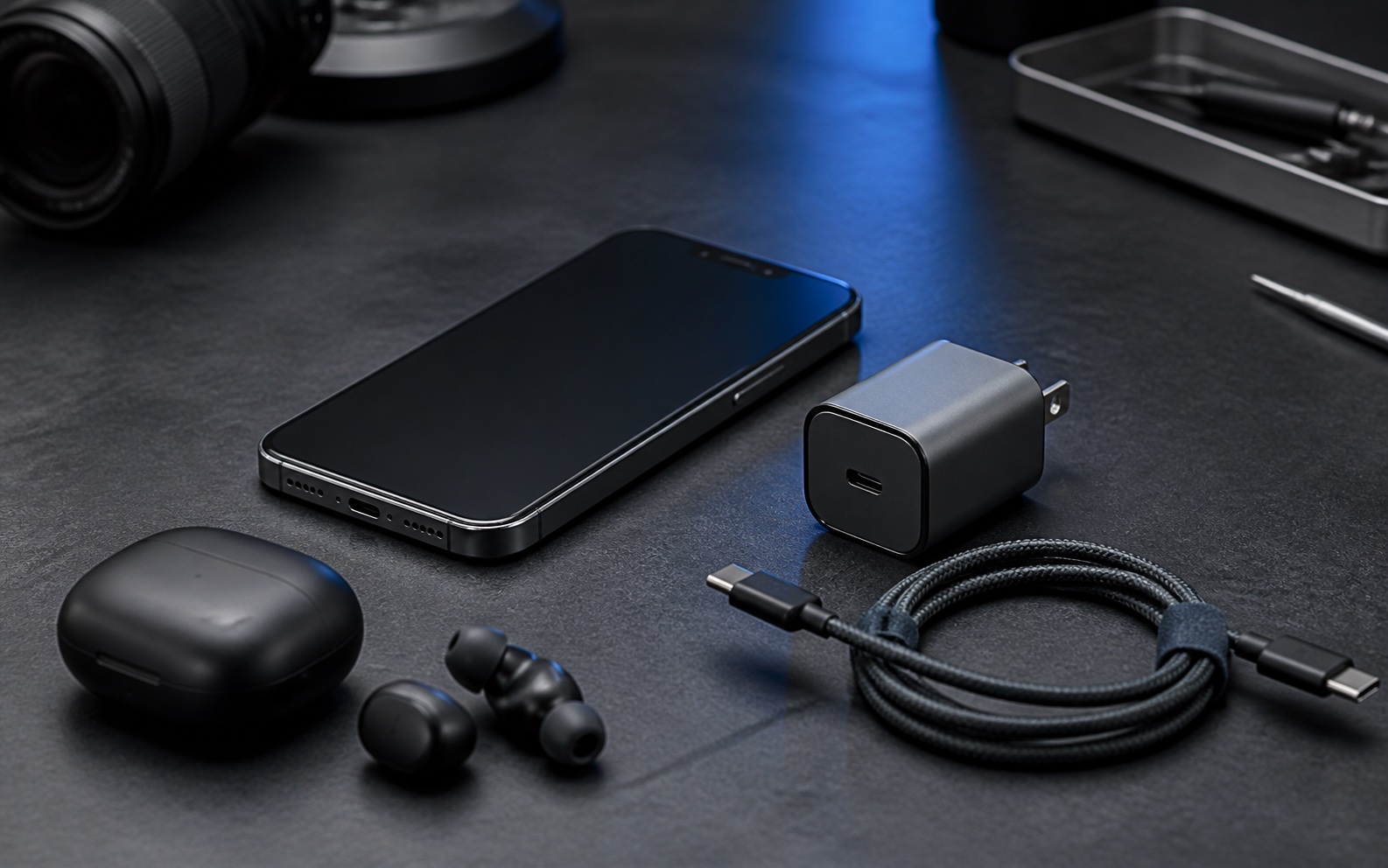 Unbranded smartphone, charger, earbuds, and cable on a dark electronics evaluation bench