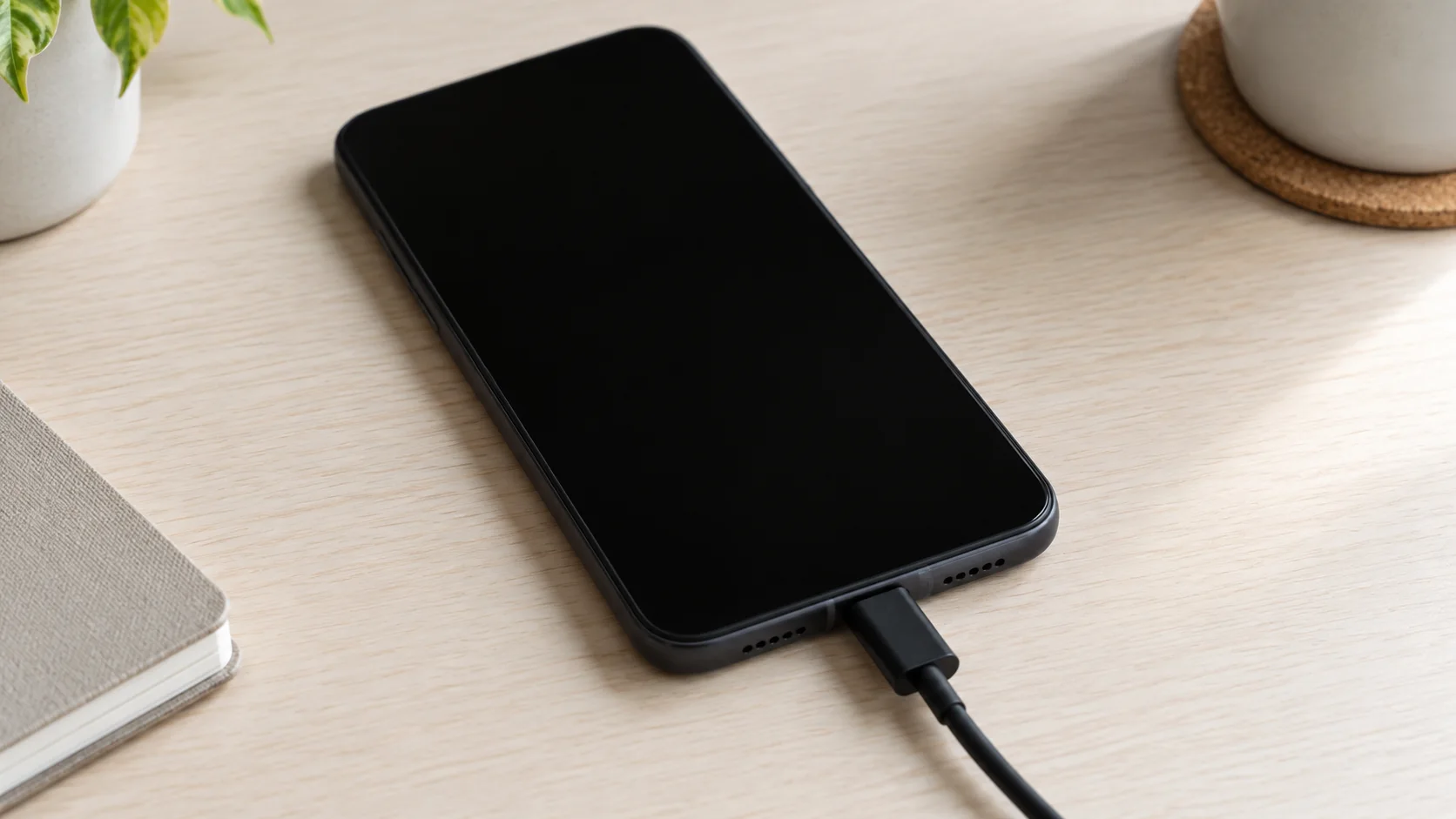 Illustrative photograph of a cable in a phone. It does not show watts. A USB-C cable in the phone, the path Apple uses when the connector and the puck are both live.
