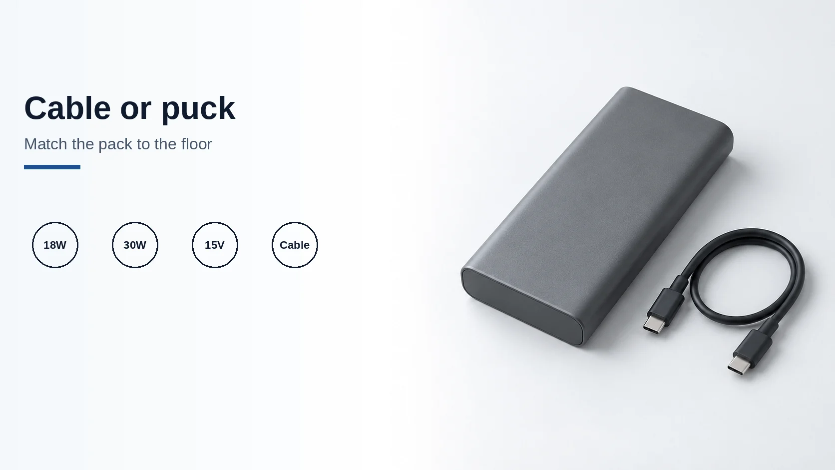 Cover titled Cable or puck, beside a plain power bank and a short USB-C cable on a pale desk.