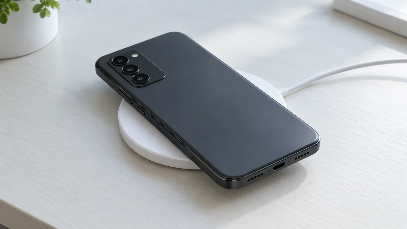 Illustrative photograph of a phone on a puck. It is not a named charger and not a measured watt. A phone on a plain puck, the MagSafe path that still needs the pack to meet the adapter rating.