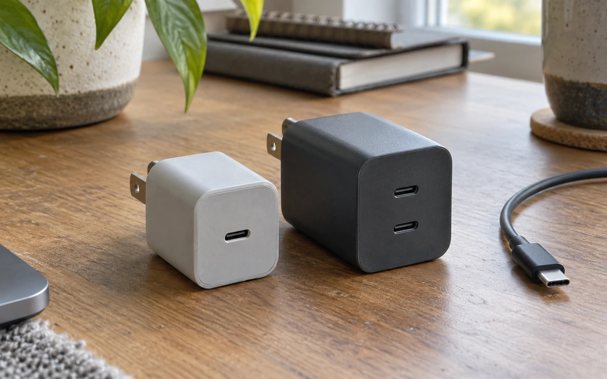 Photo-style illustration of single-port and multiport USB-C wall adapters; no output ratings are shown