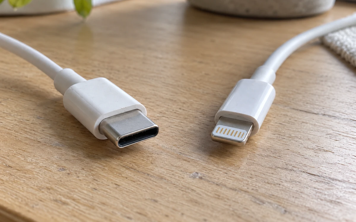 Photo-style illustration of a hollow USB-C connector beside a flat Lightning connector, with their cables resting on a desk