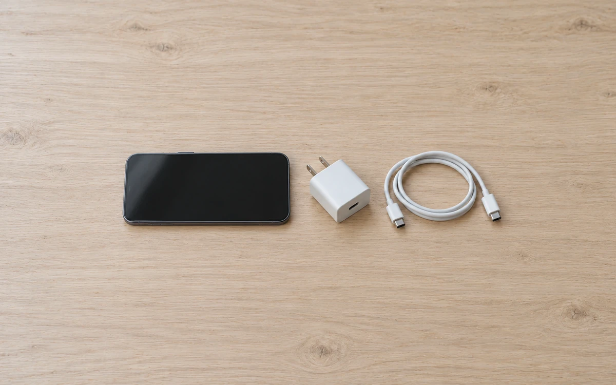 Photo-style illustration of an unbranded phone, USB-C cable and wall adapter on an ordinary desk; not a product test