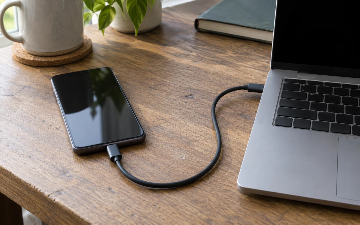 Photo-style illustration of an unbranded phone connected by USB-C cable to a laptop on a plain home desk