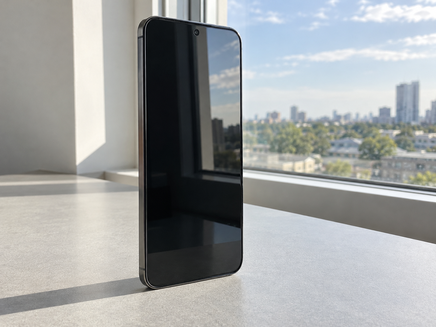 An unbranded smartphone standing by a bright window, screen off, with a centered round punch-hole and no logo.
