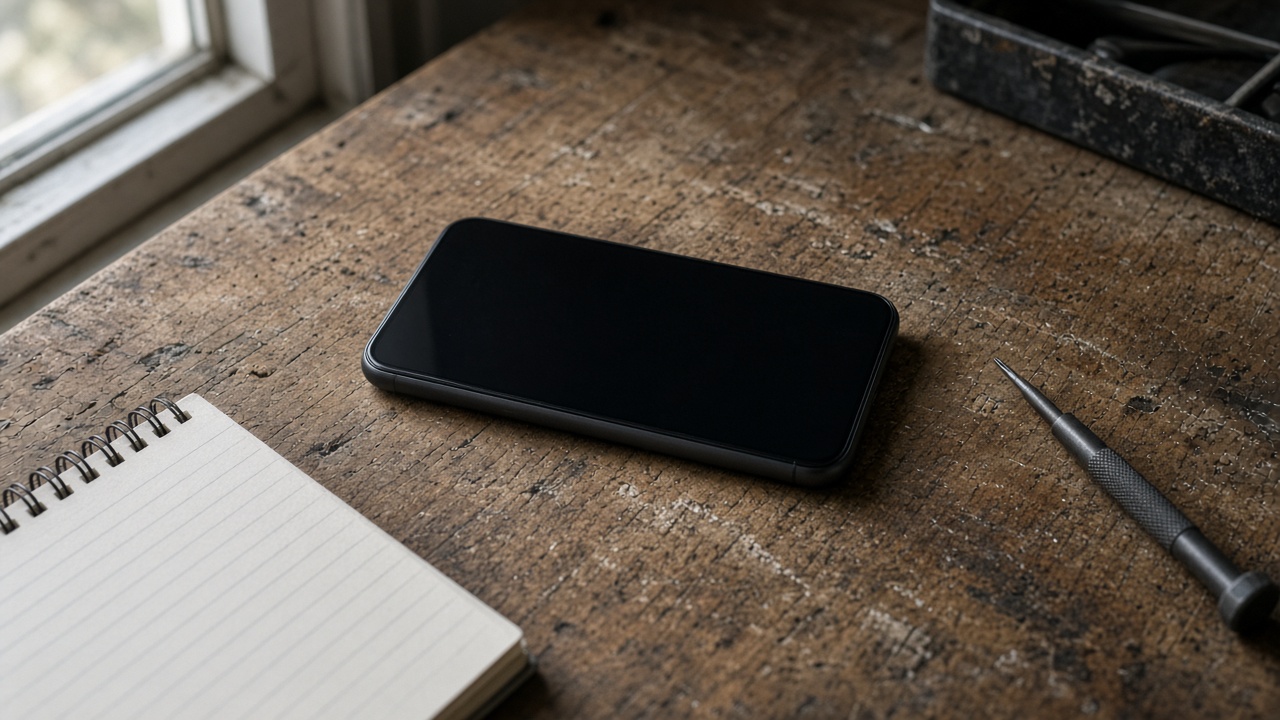 Unbranded smartphone with a dark screen on a worn wooden bench