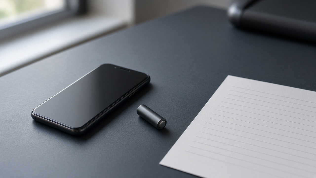 Unbranded smartphone, a loose cell and a blank lined page on a dark desk