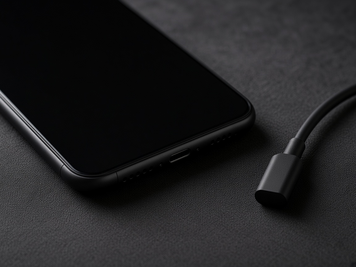 Dark phone on cloth, with a small port on the bottom edge and a cable lying beside it, plug not inserted.
