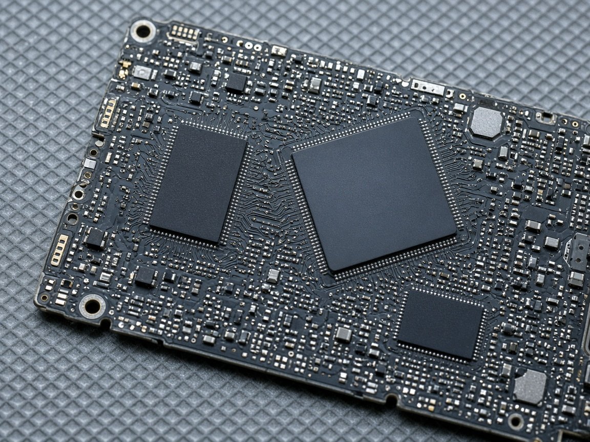 Several unmarked packages on a phone logic board, photographed at a slight angle on a gray mat.