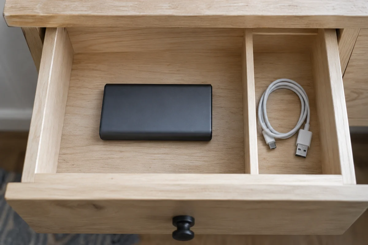 Graphite power bank in a wooden drawer with a disconnected cable in a separate compartment