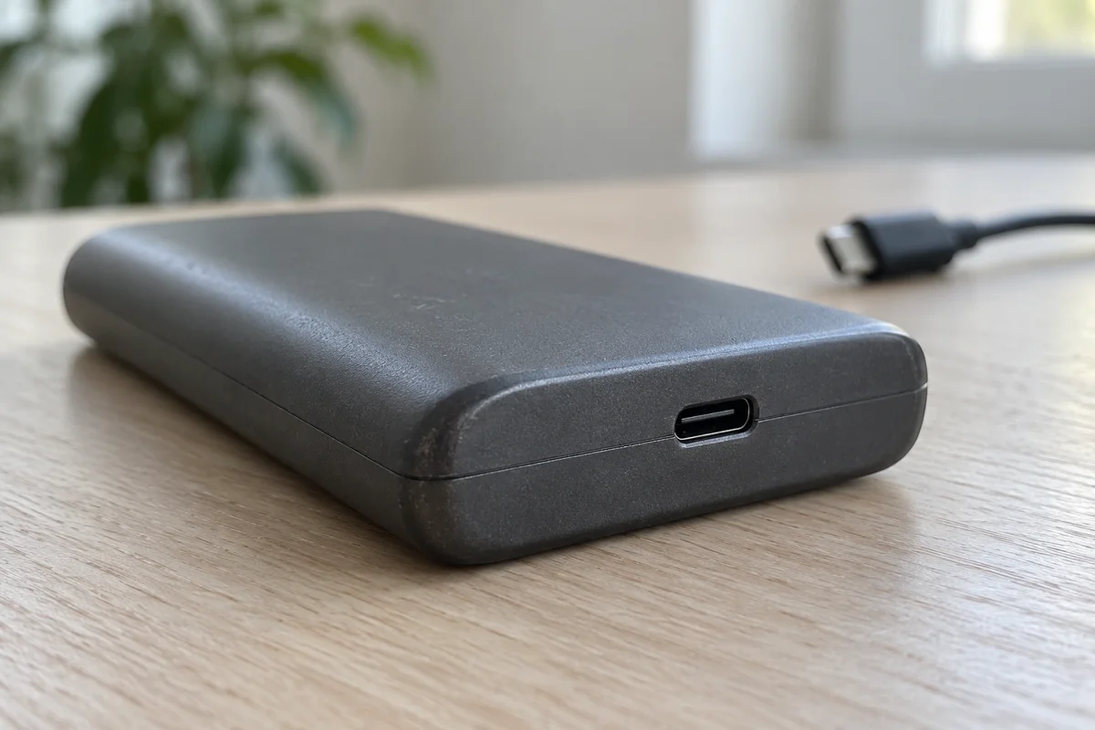 Close view of a graphite power bank's enclosure seam and USB-C socket on a pale wooden table