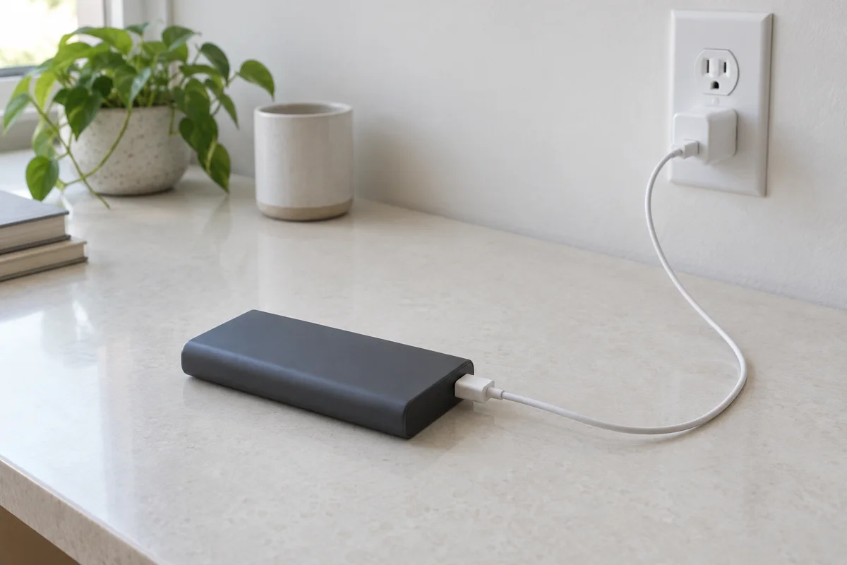 Uncovered graphite power bank connected by a white cable to a wall charger above a pale hard desktop