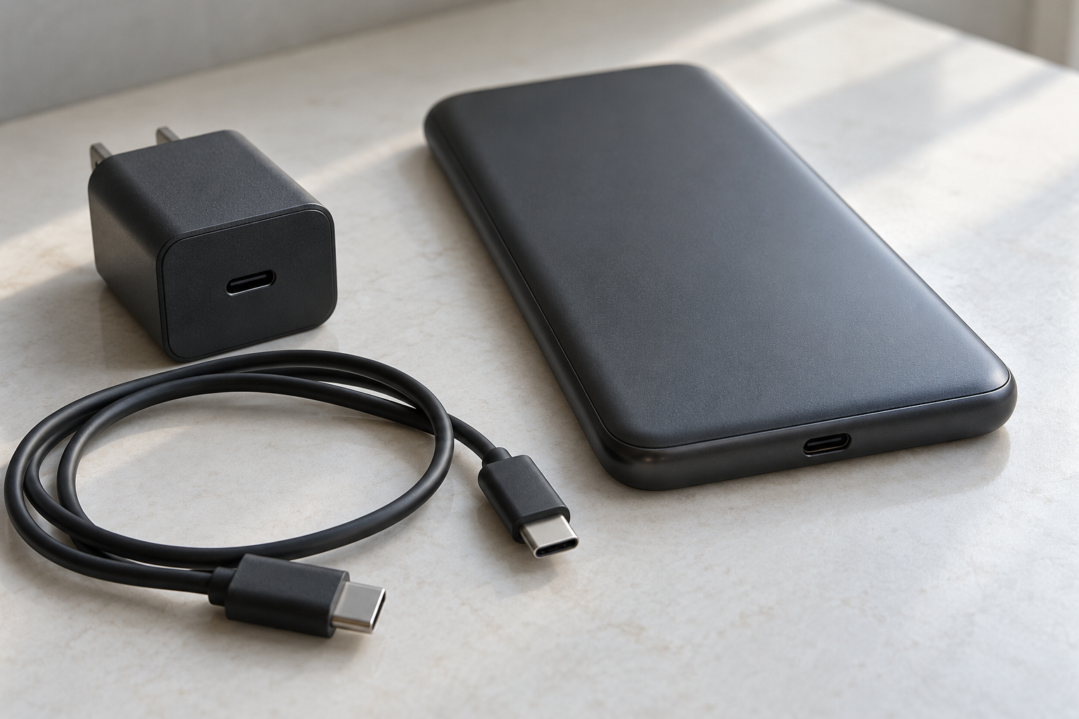 An unbranded USB-C charger, cable, and generic Android handset with one centered USB-C port.
