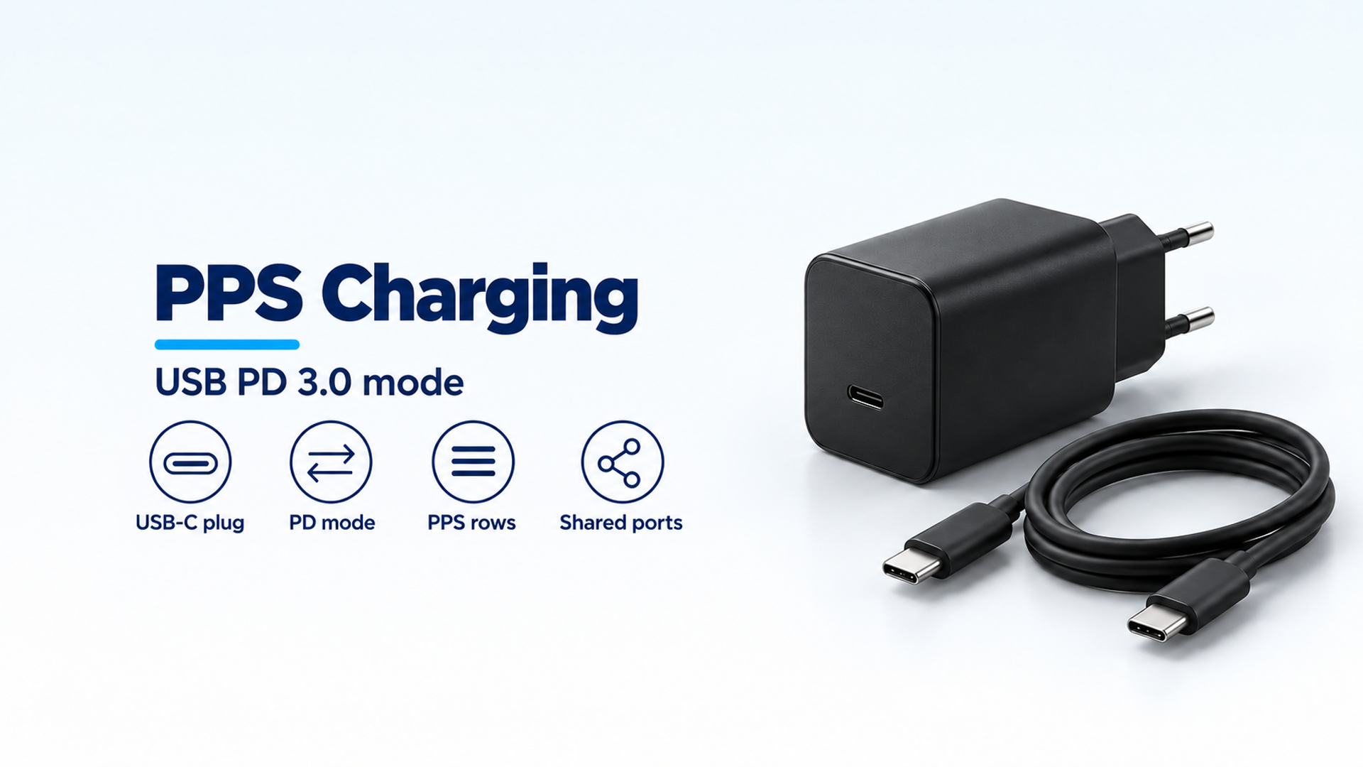 Infographic titled PPS Charging, USB PD 3.0 mode, with icons for a USB-C plug, PD mode, PPS rows, and shared ports, beside an unbranded charger and cable