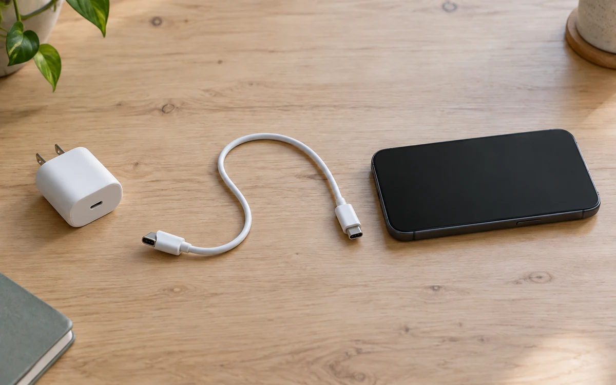An unbranded phone, a USB-C wall adapter and a USB-C-to-USB-C cable arranged on an ordinary desk