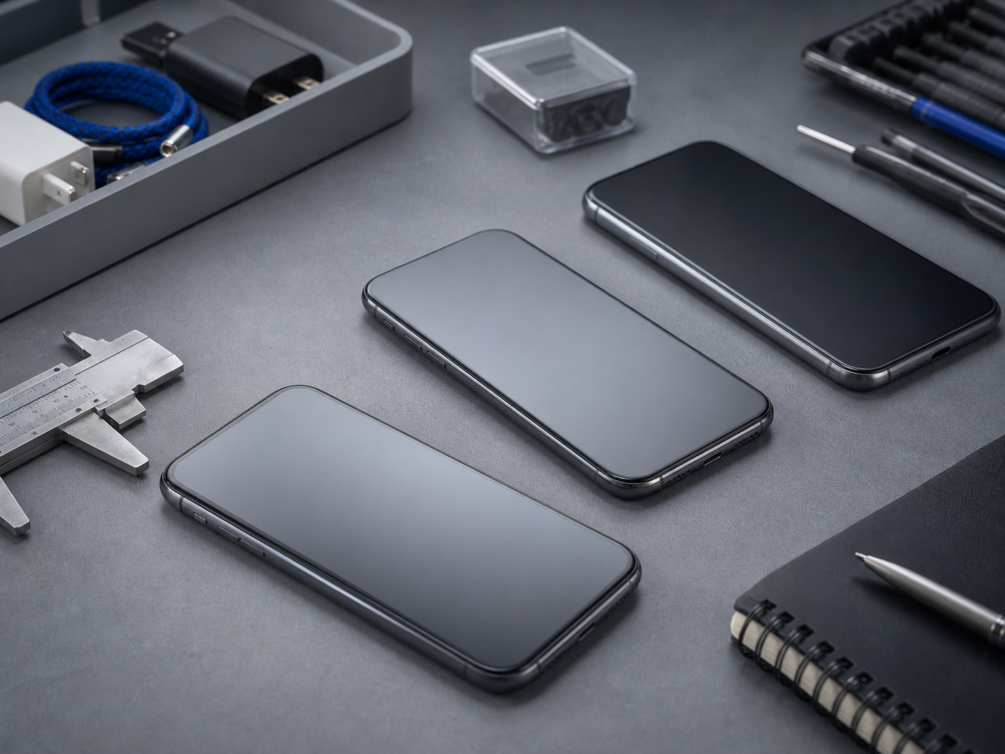 Three unbranded smartphones arranged on a gray comparison desk