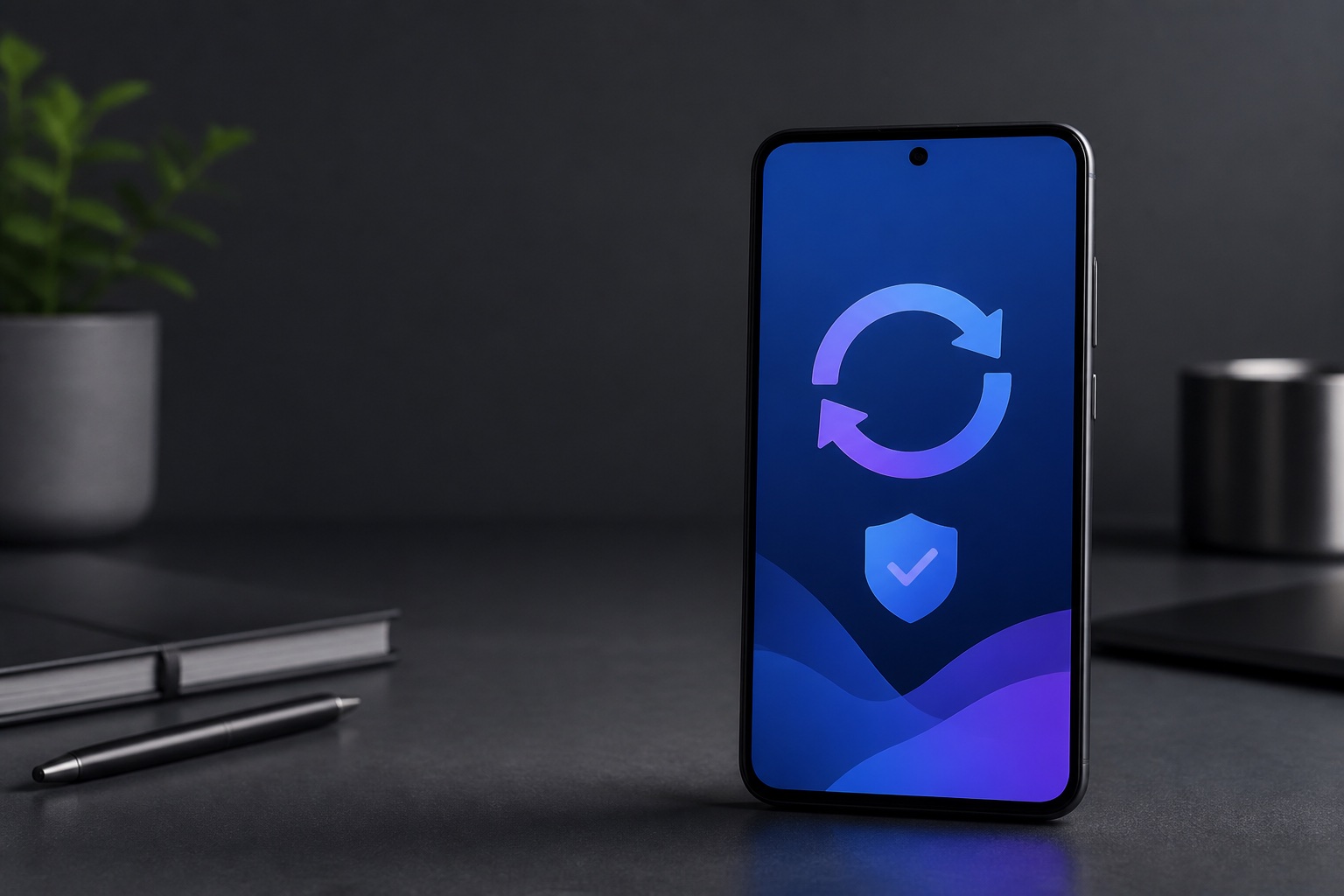 Unbranded smartphone with an abstract software-update display on a graphite desk