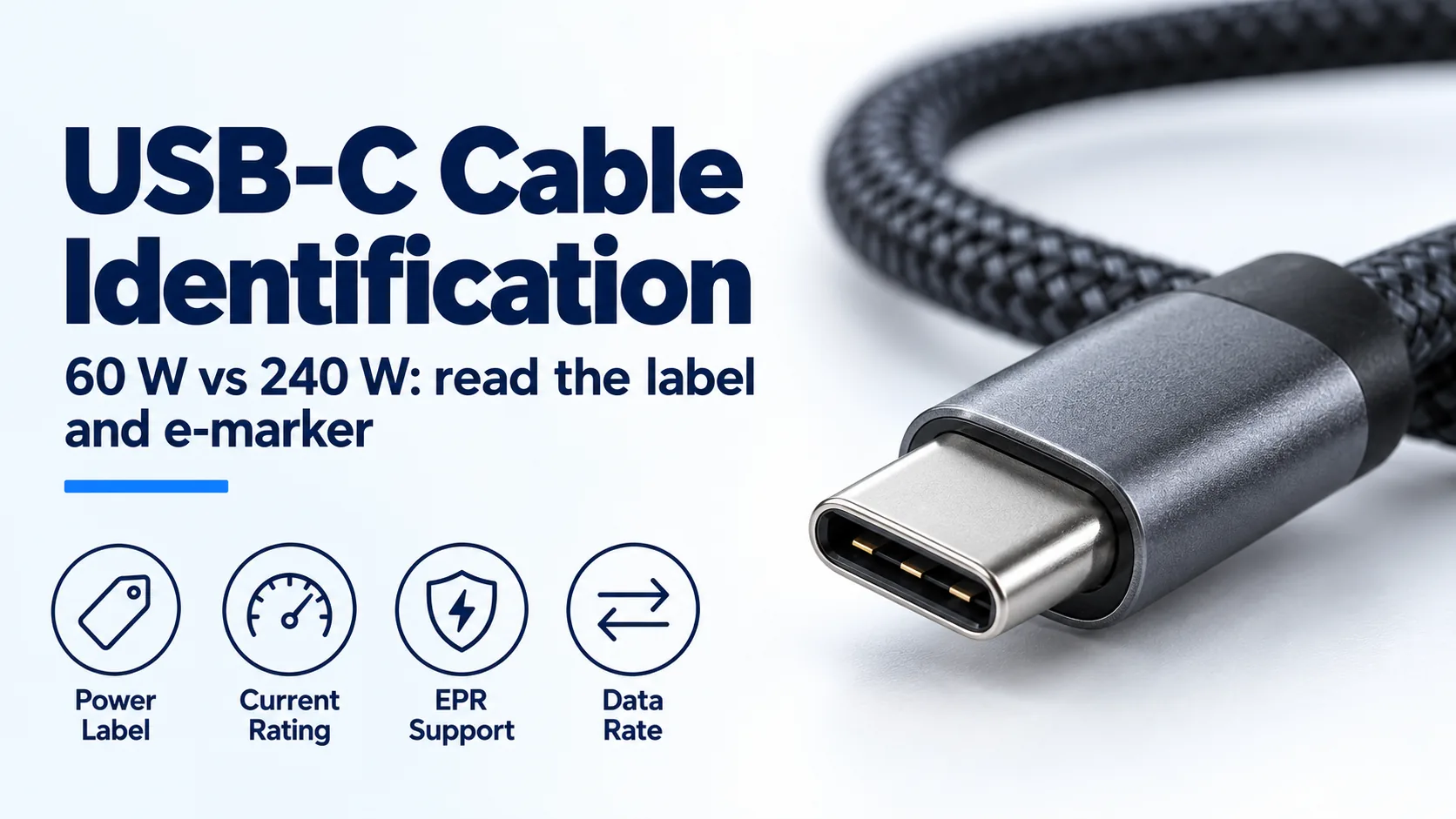 USB-C cable banner for power label, current rating, EPR support and data rate