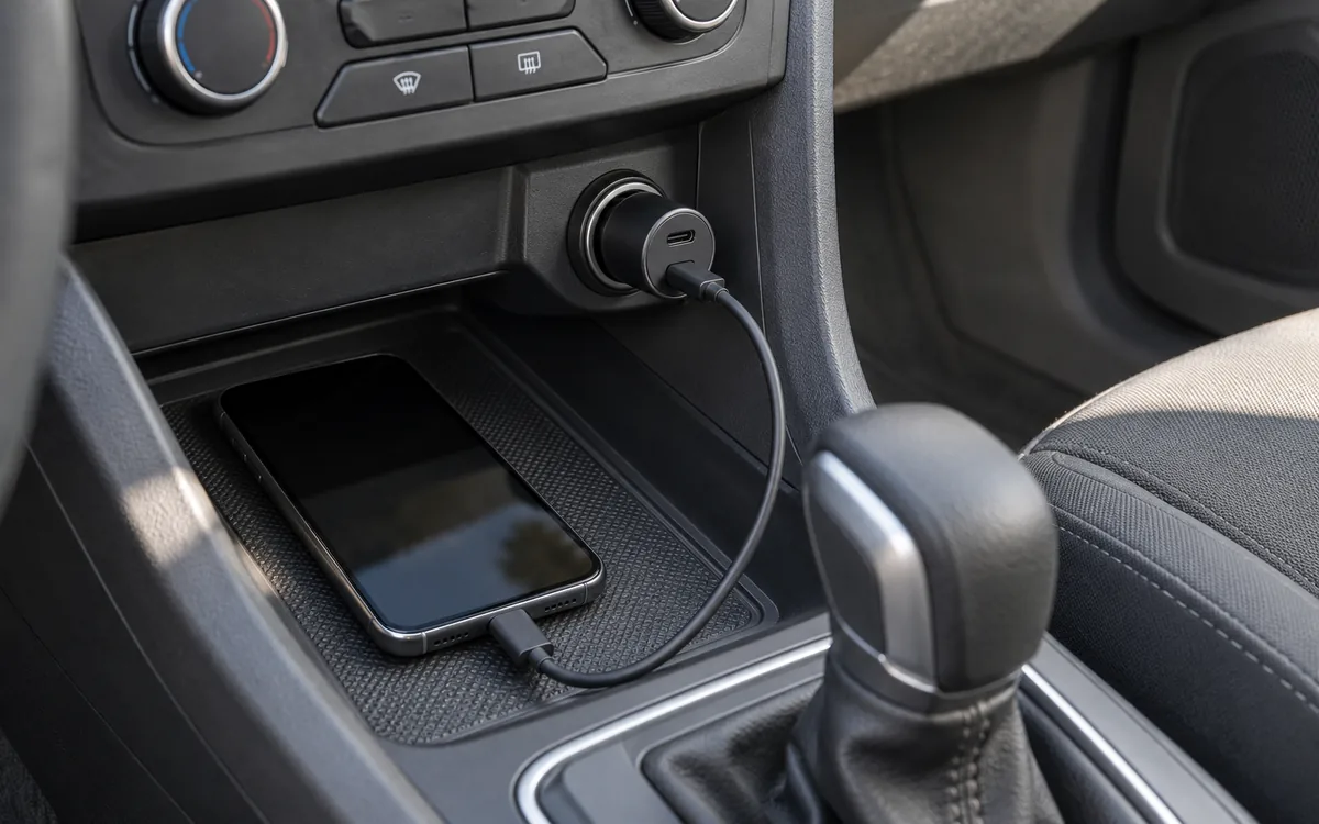 A generic USB-C car charger plugged into a vehicle's 12V accessory socket, with a USB-C cable running to a phone in the centre console