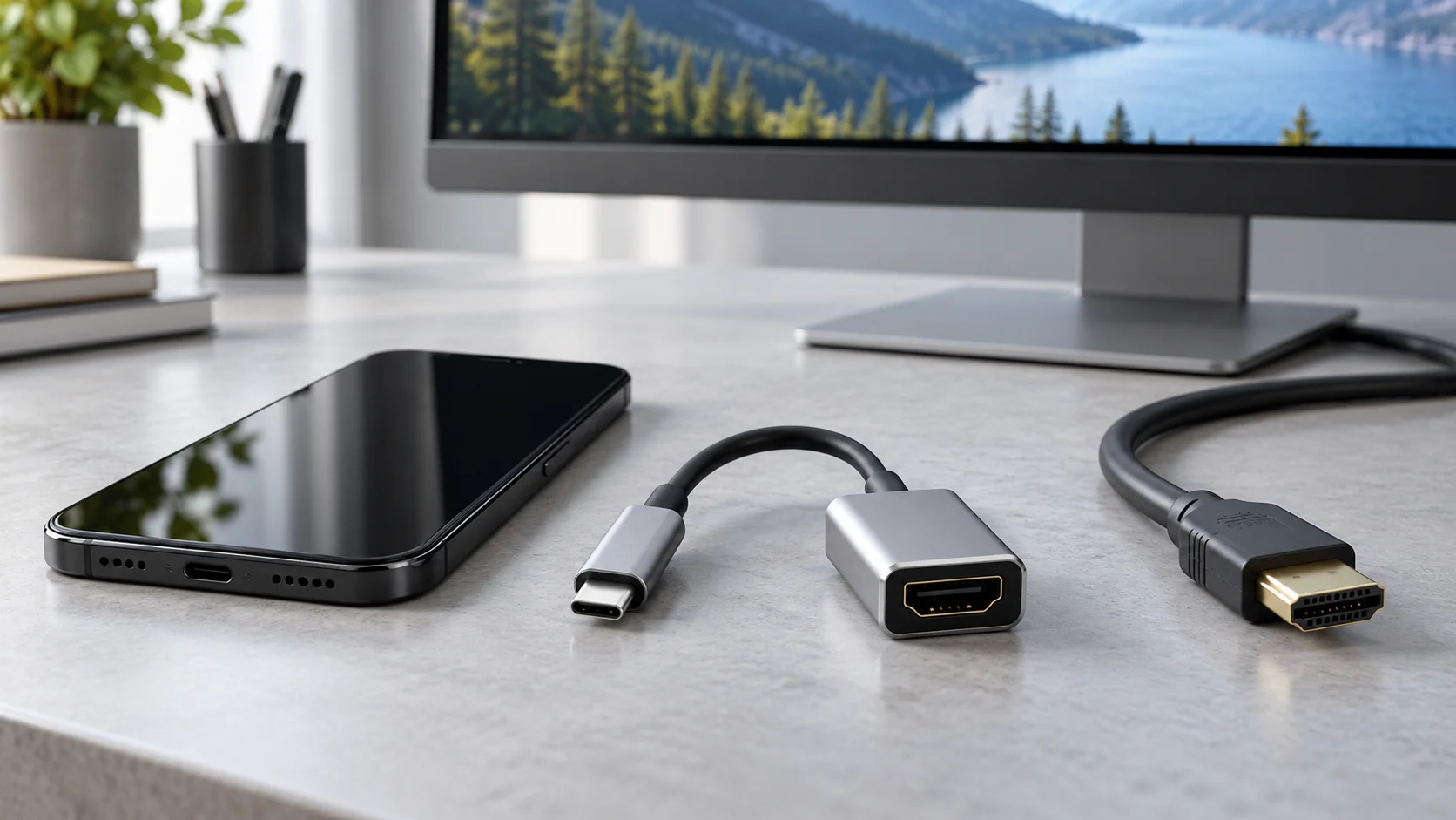 Smartphone, silver USB-C to HDMI adapter, and HDMI cable arranged in front of a desktop monitor