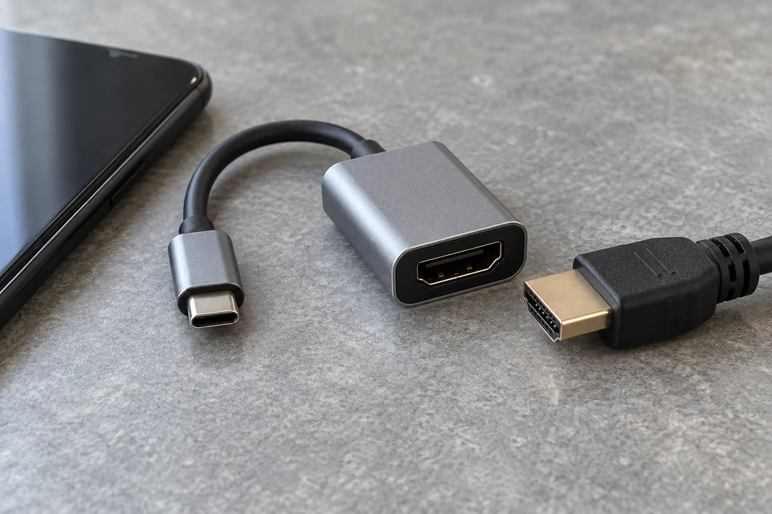 Silver adapter with a USB-C plug on its short cable, an HDMI socket, and a separate HDMI cable plug beside it.