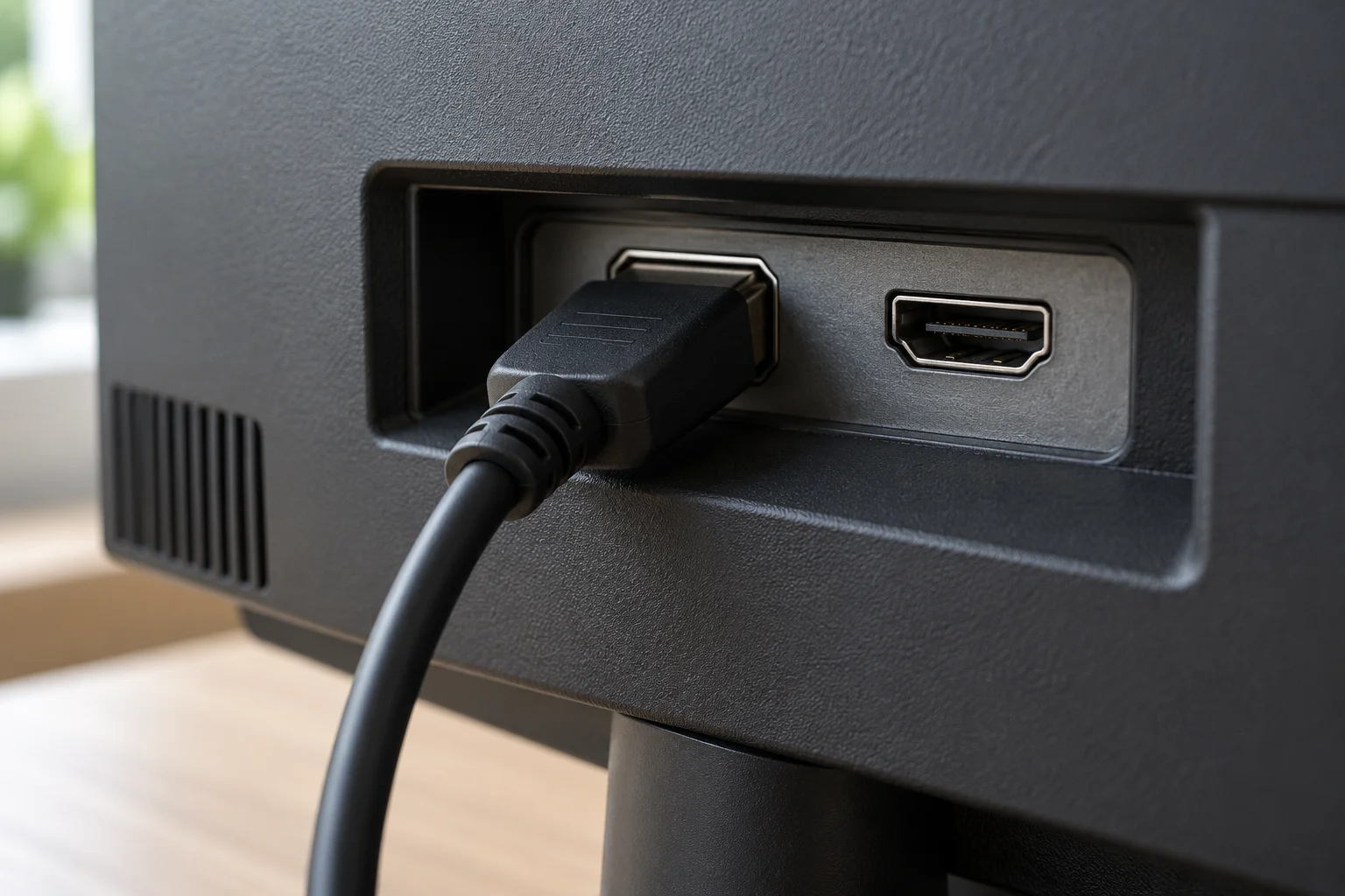 Rear monitor panel with a black HDMI cable seated in the left socket and an empty HDMI socket beside it.