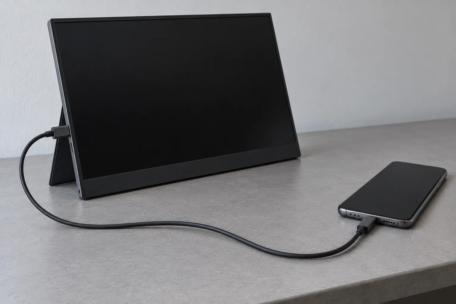 Dark-screen smartphone linked by one USB-C cable to the side of a portable monitor with its screen off.