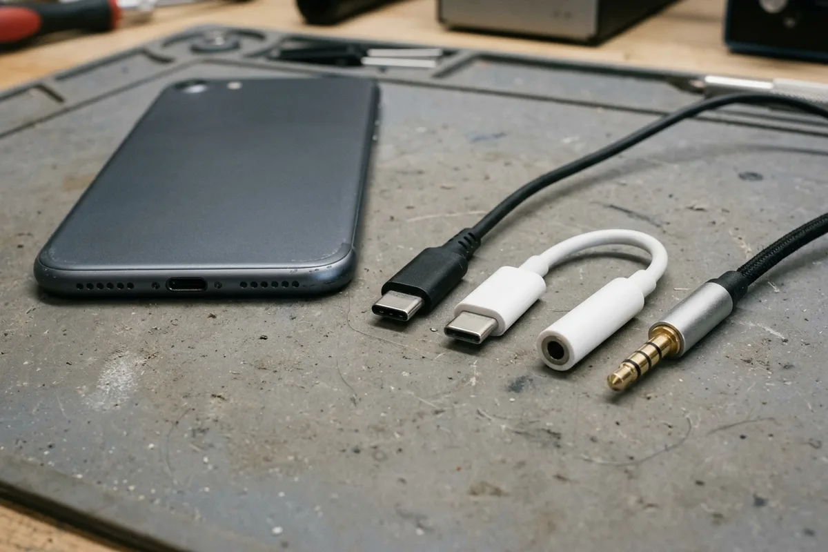 Bottom USB-C port edge of a turned-off dark smartphone beside a black USB-C earbud plug and a white USB-C to 3.5mm adapter on a grey workbench mat
