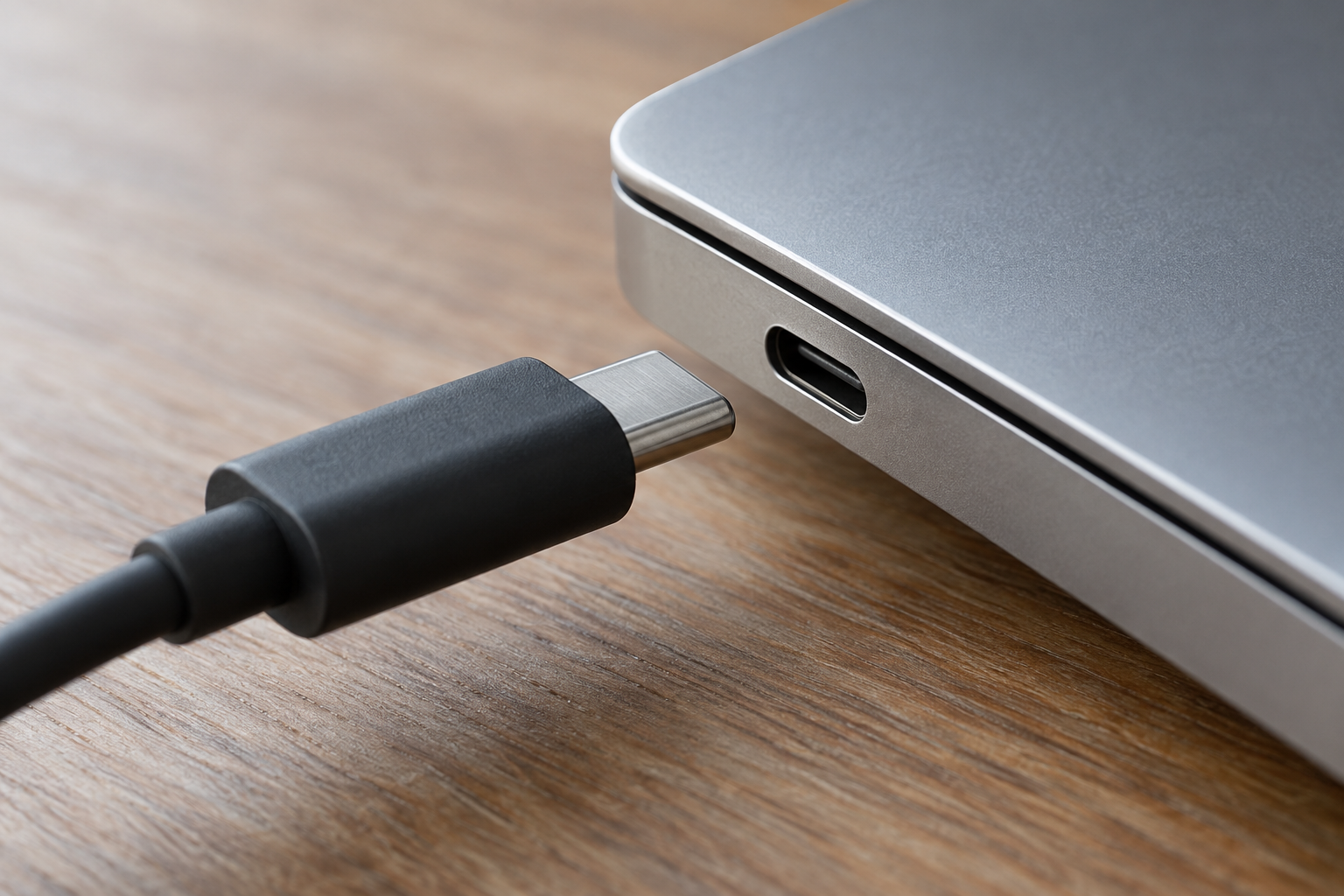An unbranded USB-C plug lined up with an oval USB-C receptacle on a plain aluminum edge.
