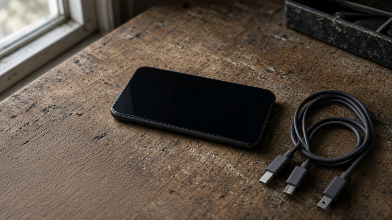 Unbranded dark phone and three coiled cables on a worn wooden desk