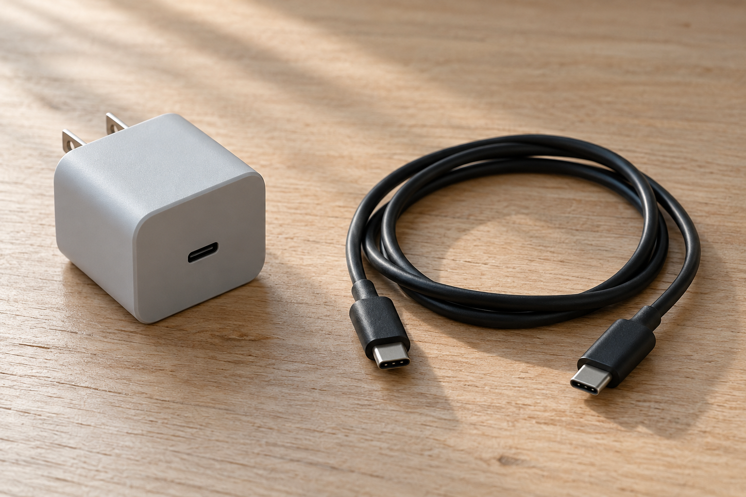 An unbranded wall charger with one USB-C port beside a separate USB-C cable.