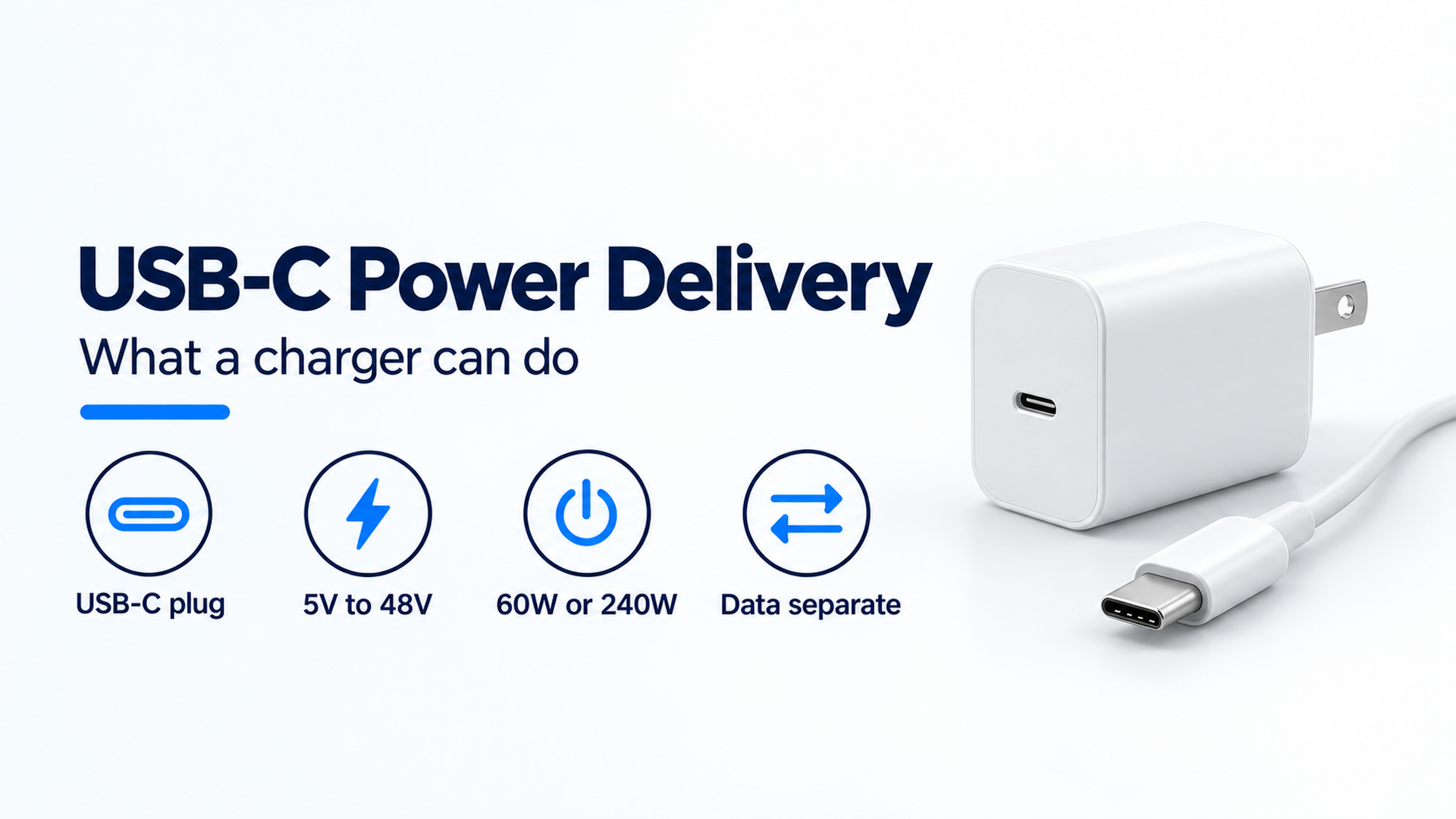 Infographic banner titled USB-C Power Delivery, with icons for the USB-C plug, 5V to 48V, 60W or 240W, and data kept separate, beside an unbranded charger and cable